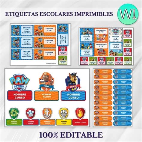 Kit Imprimible Etiquetas Escolares Paw Patrol Editable