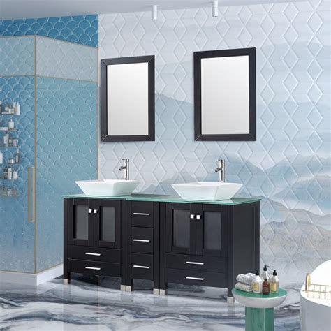 Wonline 60” Modern Wood Bathroom Vanity Cabinet Double White Ceramic Vessel Sink Top Free Faucet