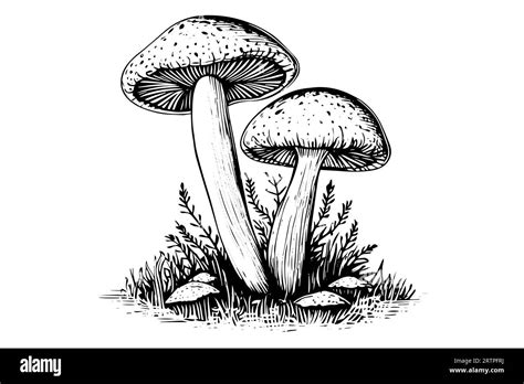 Forest Mushrooms Hand Drawn Ink Sketch Engraving Vintage Style Vector