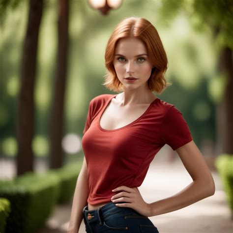 Thin Woman in Red Shirt Green Eyes Reddish Blonde Hair Stable Diffusion en línea