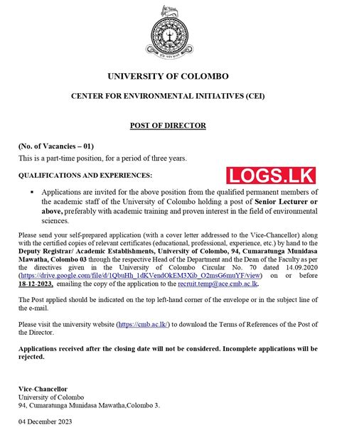 Director Cei University Of Colombo Job Vacancies 2024