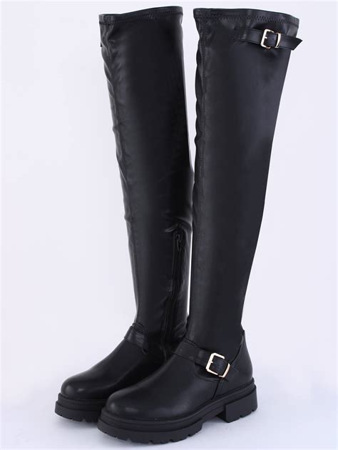 Truffle Black Faux Leather Knee High Biker Boot Shop The Latest