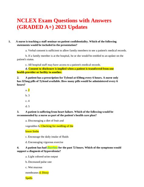 Nclex Exam Questions With Answers Graded A 2023 Updates Exams Nursing Docsity