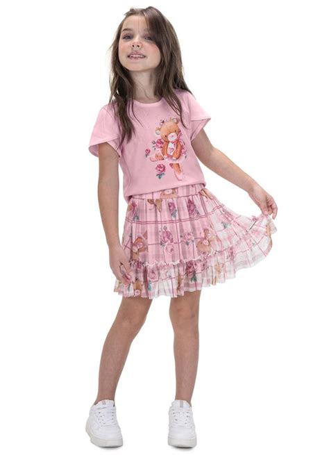 Conjunto Infantil Blusa Saia Tule Rosa Trick Nick