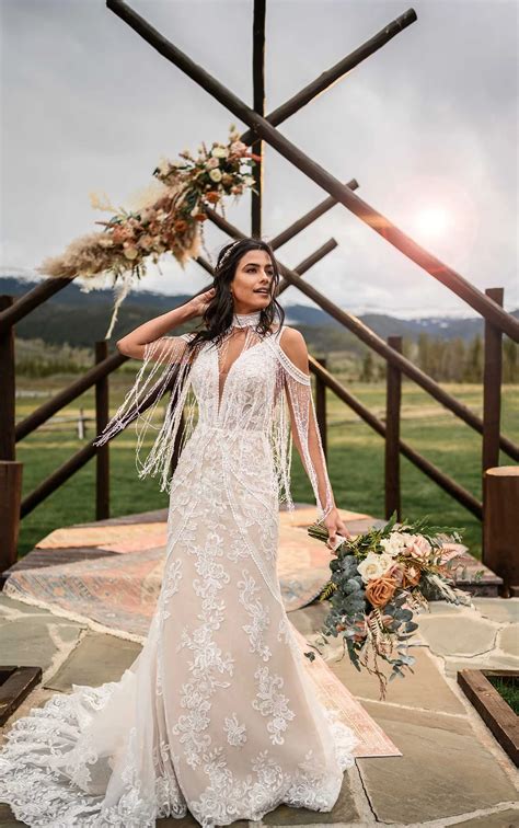 Earthy Bohemian Wedding Dress With Floral Lace All Who Wander Wedding