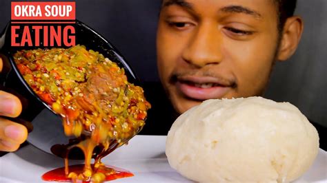 ASMR NIGERIAN FUFU OKRA SOUP STOCK FISH COW MEAT PONMO EATING