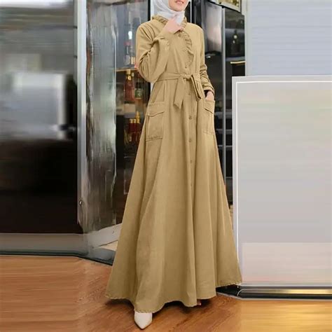 Muslim Abayat Temperament Solid Lace Stand Collar Long Sleeve Abaya