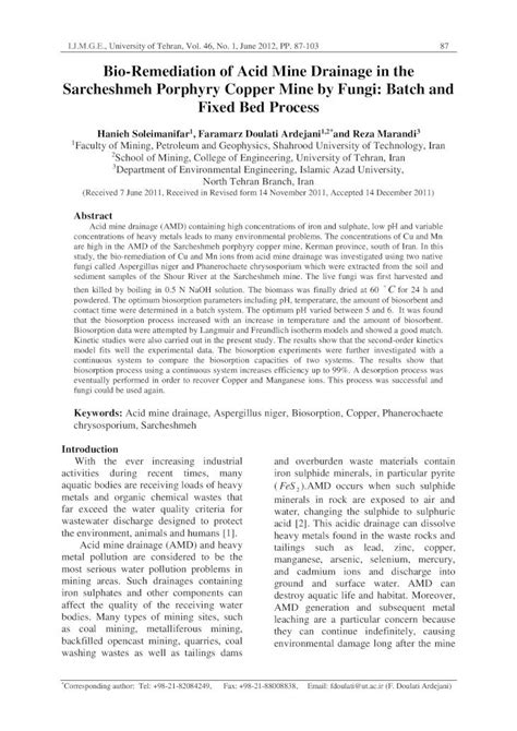 Pdf Bio Remediation Of Acid Mine Drainage In The Sarcheshmeh €¦ · Acid Mine Drainage Amd