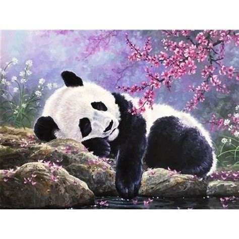 A Painting Of A Panda Bear Drinking Water From A Pond With Pink Flowers