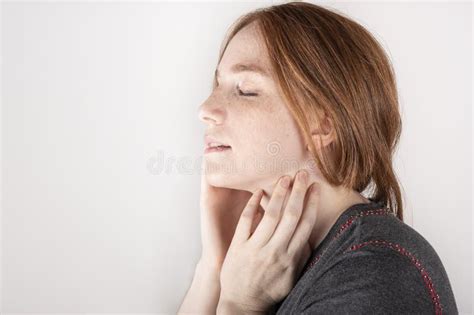 Beauty Face Smiling Red Haired Woman Touching Healthy Skin Stock Photo