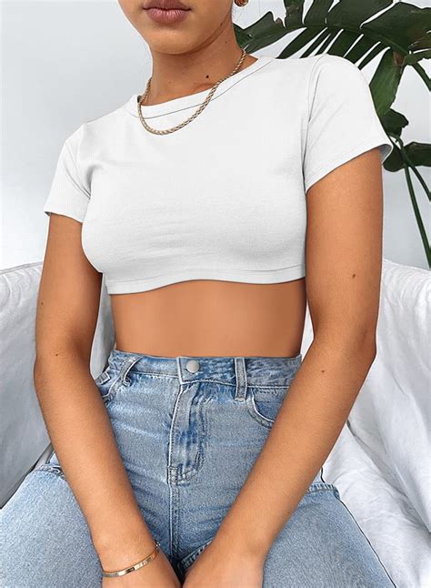 Vafful Crop Tops Sexy Trendy Basic Tight Scoop Neck Crop Short Sleeve Crop Top For Women And