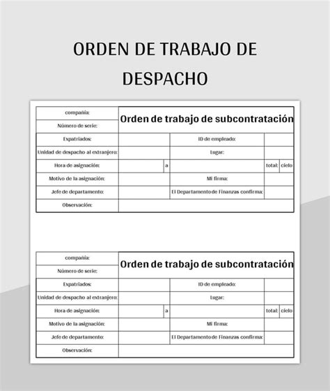 Plantilla de Excel Orden De Trabajo De Despacho y Hoja de Cálculo de