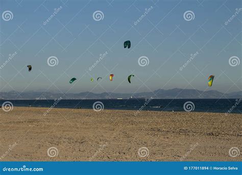 Playa De Los Lances Spain May 3 2018 Some Athletes Do Kite Surfing