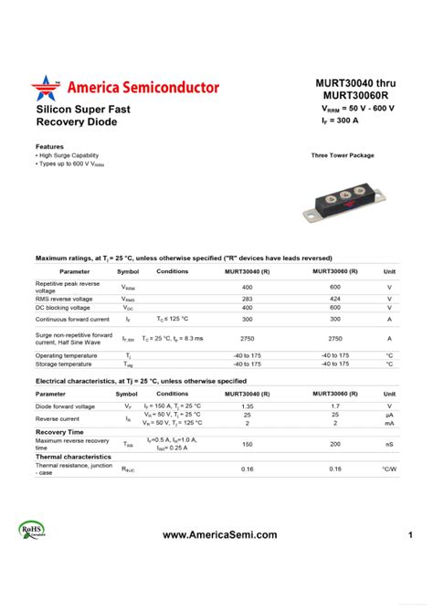 MURT30060R America Semiconductor Diode Hoja de datos Ficha técnica