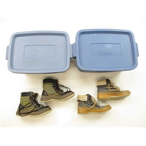 Assorted Boots And Rubbermaid Bins