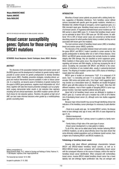 Pdf Breast Cancer Susceptibility Genes Options For Those Carrying