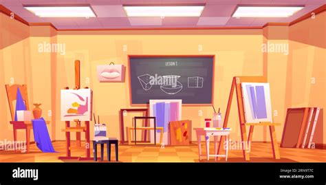 Art Classroom Interior With Furniture And Painting Equipment Vector Illustration Of Light