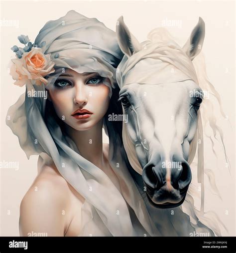 A young woman in medieval dress and a white horse. Digital watercolor ...