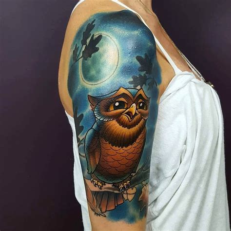 Owl And Starry Night Sky With Moon Half Sleeve Tattoo By Tattoo Artist