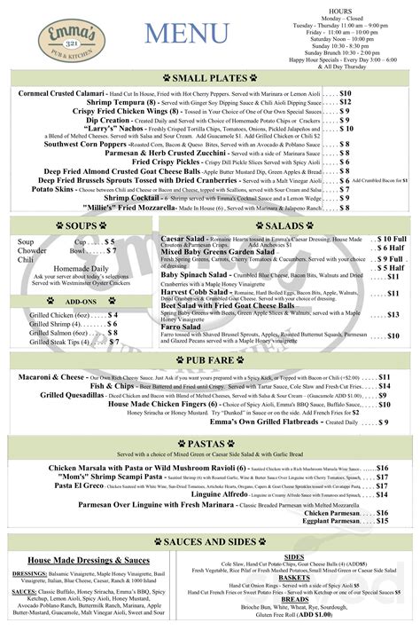 Emmas 321 Pub And Kitchen Menus In Rindge New Hampshire United States