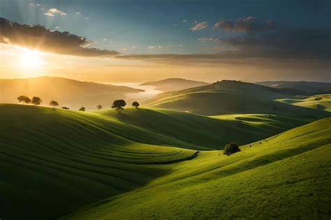 Un Paisaje Con Colinas Y Rboles En Primer Plano Y Una Puesta De Sol Al