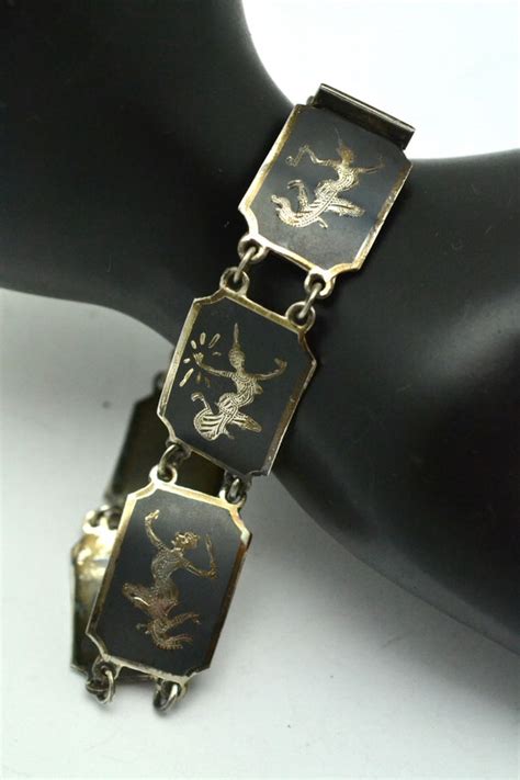 Vintage Siam Sterling Niello Link Bracelet With Origi Gem