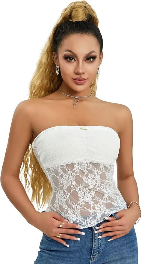 Snowchic Sexy Lace Tube Tops For Women Sleeveless Sheer Mesh Crop Top