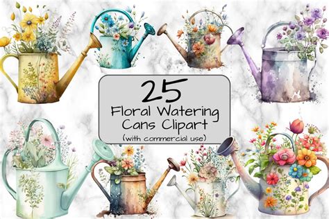 Floral Watering Cans Clipart Watercolor Garden Clipart Digital Art