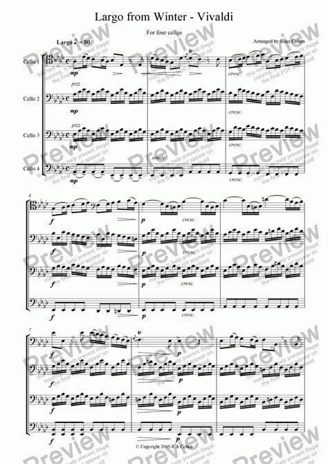 Vivaldi Largo From Winter For Cello Quartet Sheet Music Pdf File