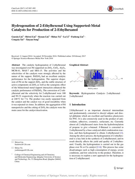 Hydrogenation of 2-Ethylhexenal Using Supported-Metal Catalysts for ...