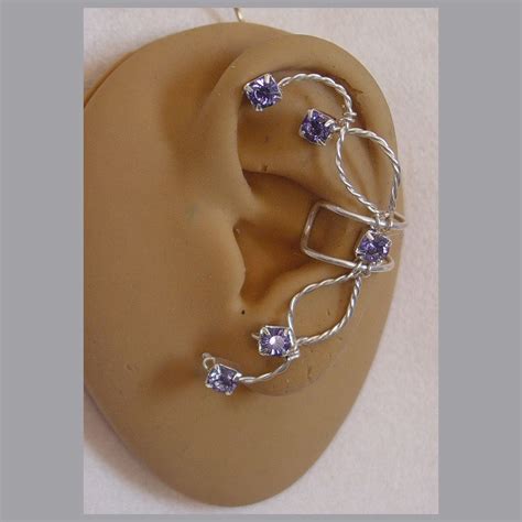 Single Swarovski Crystal Rhinestone Ear Cuff In Tanzanite And Sterling