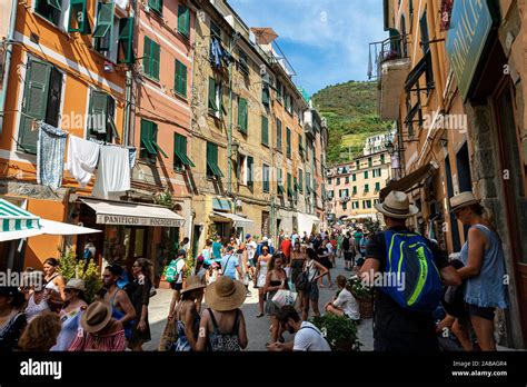 Downtown Of The Ancient Village Of Vernazza With Many Tourists Cinque