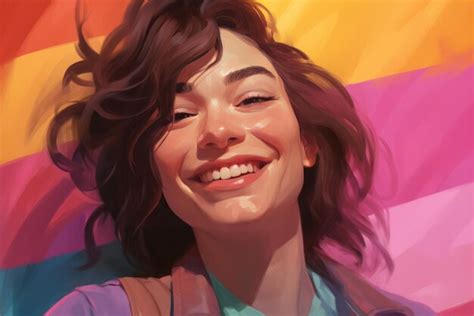 Retrato de una mujer feliz en el fondo del arco iris Ilustración