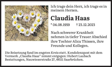 Traueranzeigen Von Claudia Haas Saarbruecker Zeitung Trauer De