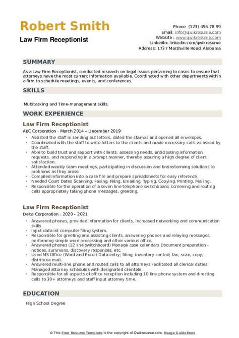 Law Firm Receptionist Resume Samples QwikResume