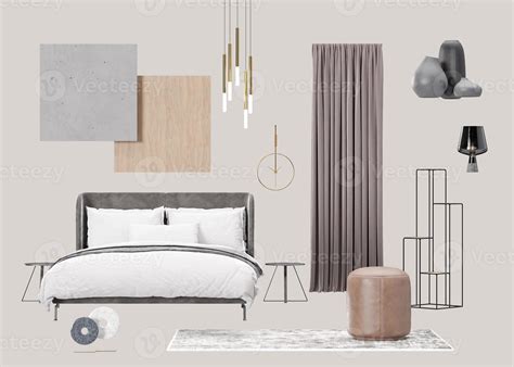 Interior design moodboard with isolated modern bedroom furniture, home