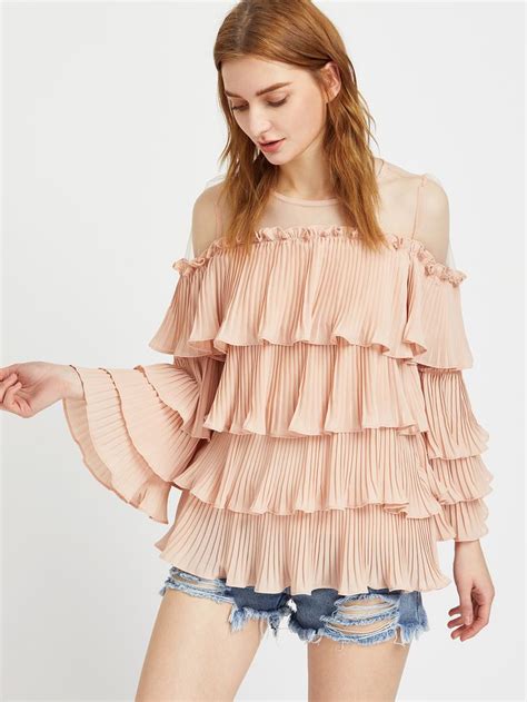 Mesh Shoulder Pleated Tiered Frill Top Pleated Top Outfit Sleeves