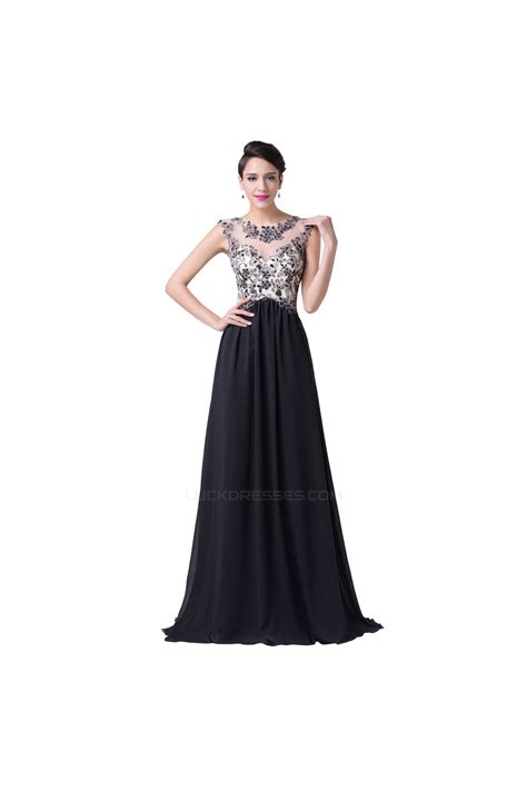 A Line Beaded Long Black Chiffon Prom Evening Formal Dresses Ed011651