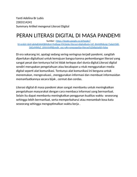 Pdf Peran Literasi Digital Di Masa Pandemi