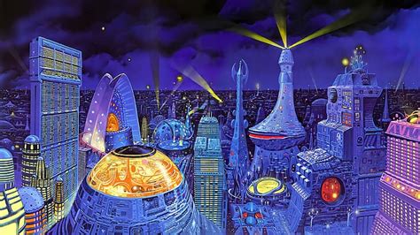 Artwork City Science Fiction Clouds Night Lights Angus McKie HD