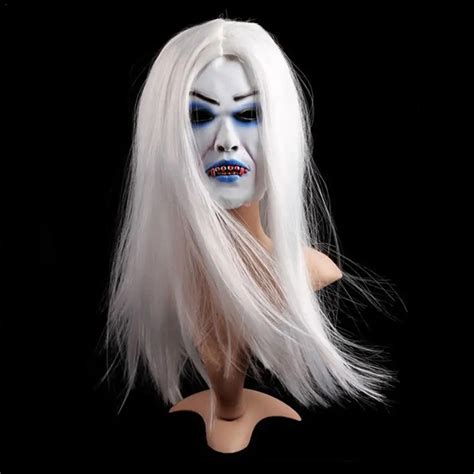 Halloween Woman Zombie Mask Masquerade Horror Scary Thriller Mask Party Props White Hair Sharp ...