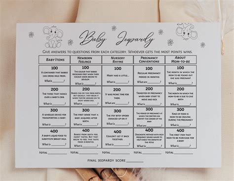 Baby Jeopardy Game Baby Shower Game Elephant Theme Black White Boy