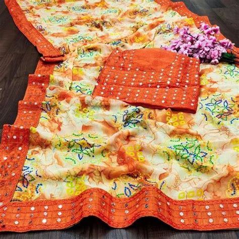 Multicolor Party Wear Fancy Mirror Work Saree Size Free With Blouse