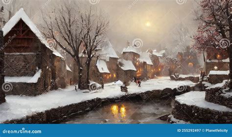 Painting Of A Beautiful Medieval Village During Winter Artwork Stock