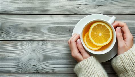 Female Hands Holding Hot Cup Of Lemon Tea On Gray Wooden Background AI