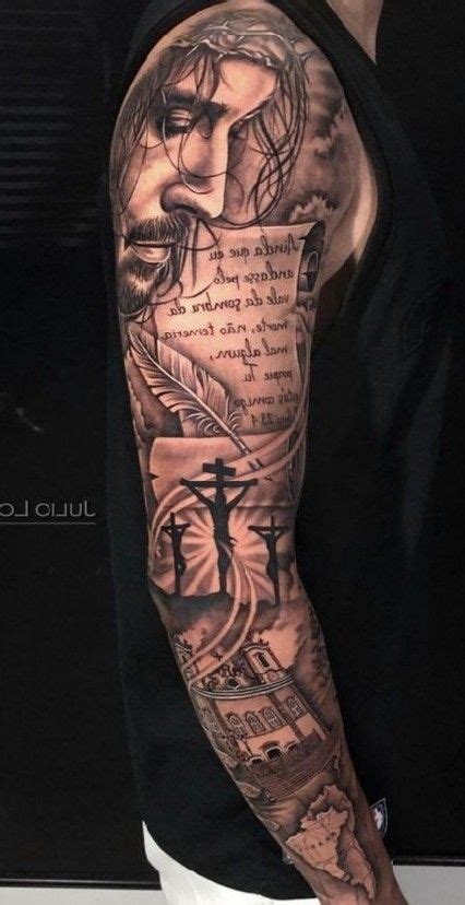 A Man S Arm With An Image Of Jesus And The Cross On It In Black