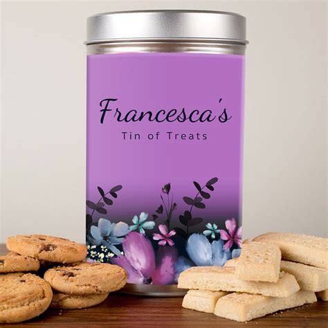 Buy Personalised Tin With Biscuits Purple Floral Tin Of Treats For