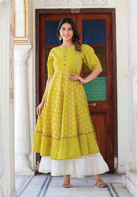 Yash Gallery Womens Mustard Floral Printed Anarkali Kurti Yash Gallery