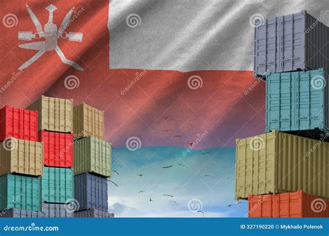 Oman Flag And Big Stack Of Shipping Cargo Containers In Docks With Sky