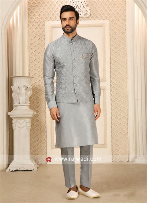 Wedding Wear Nehru Jacket Set In Grey Color